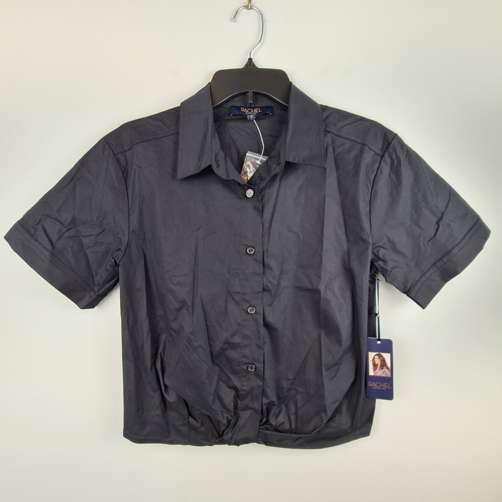 Rachel Rachel Roy Black Short Sleeve Button Down Bubble Hem Blouse Small Cropped